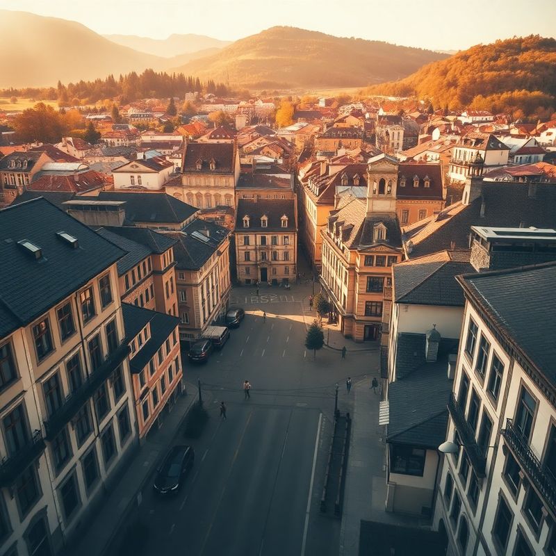 Vedere aeriană stilizată a centrului Brașovului, tonuri antracit și auriu